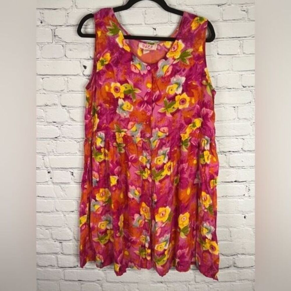 Sita Vintage Pink Yellow Floral Button Front Dress size large‎ Rayon Sleeveless
